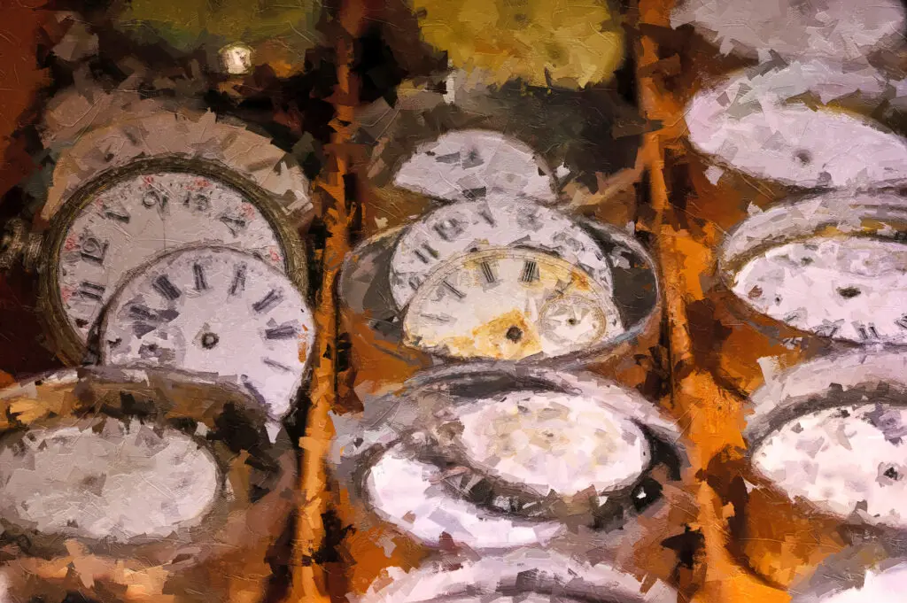 Impressionistic Style Artwork of a Watch Repair Shop: Effects of Time on Collection of Old, Broken and Discarded Watches