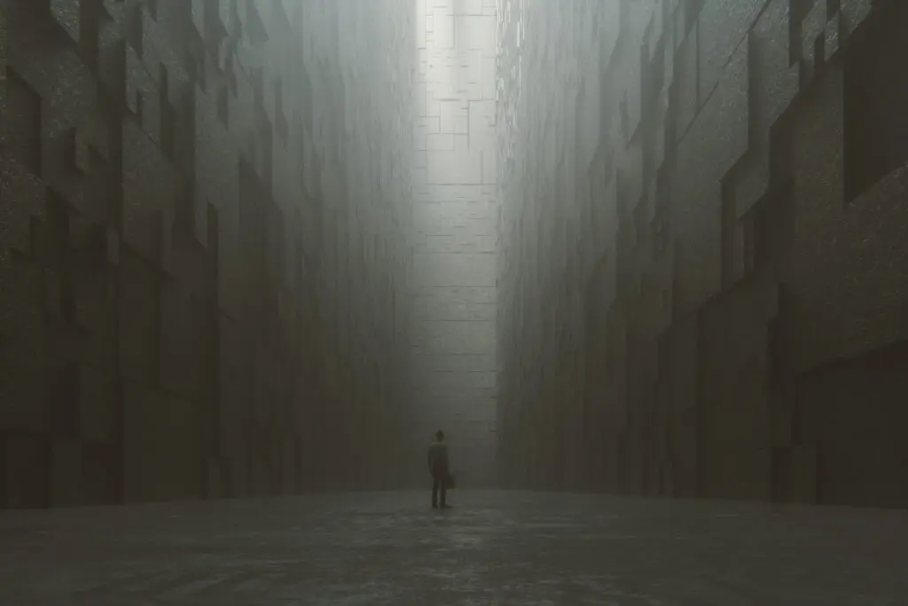 Lost businessman in futuristic dead end street