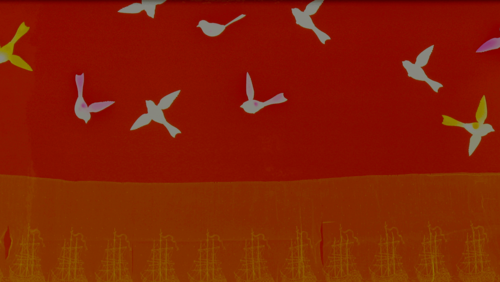 Artwork of birds with a red background