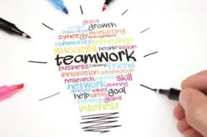 Teamwork word cloud in shape of lightbulb