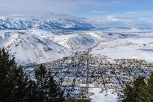 Ariel view of Jackson Hole, Wyoming with mountains