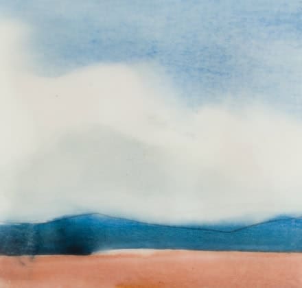 Abstract watercolor art of a rusty red layer, blue, and white cloud against blue sky background