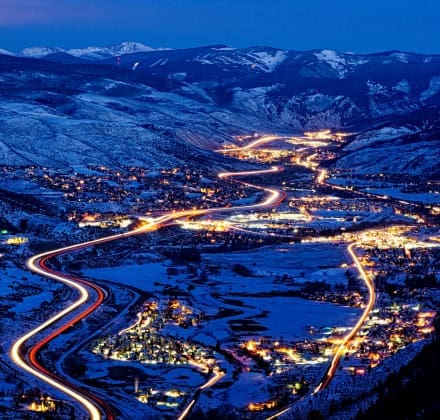 Arial photo of Vail Colorado at night