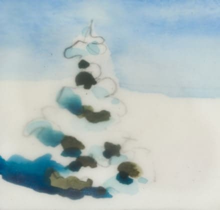 Watercolor art of a pine tree covered in snow