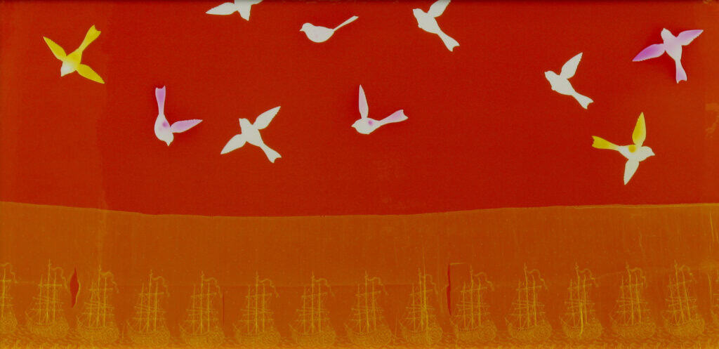 Artwork of birds with a red background