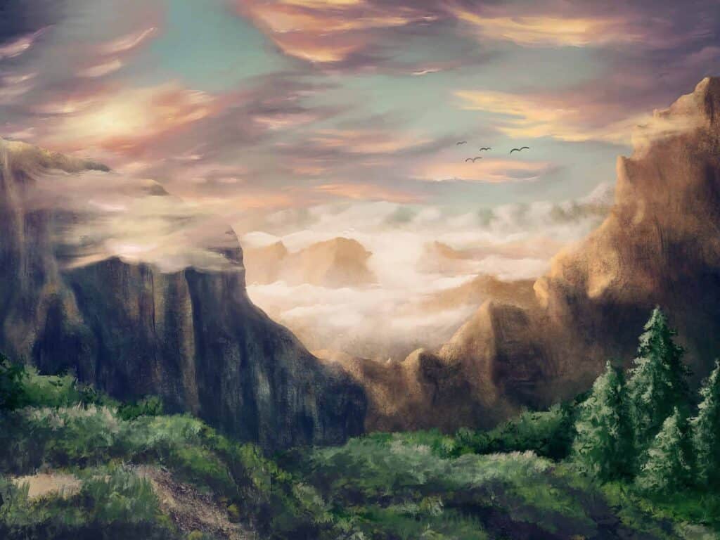 Landscape picture of mountains, trees and clouds