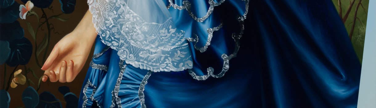 A closeup of art with an elegant blue ballgown and a hand