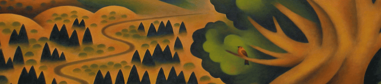 Artwork of a red bird in a tree with a forest and hills in the background