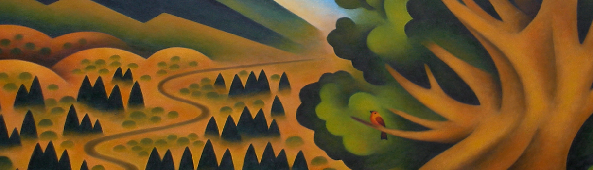 Artwork of a red bird in a tree with a forest and hills in the background