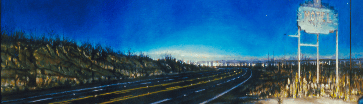 Art piece depicting a highway at dusk in the American West. Part of th First Western Art collection.