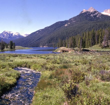 Outdoor scenery with a river in the foreground and mountains in the background