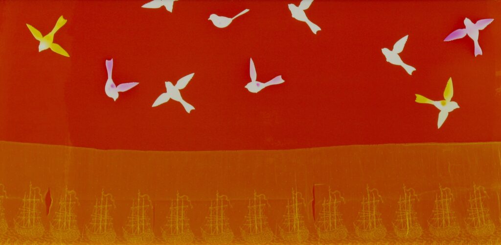 a group of white birds on a red background and ships with an orange background