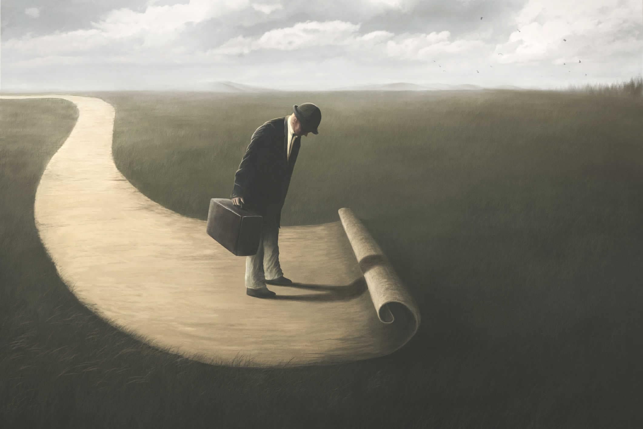 Illustration of man's surreal path, business abstract concept