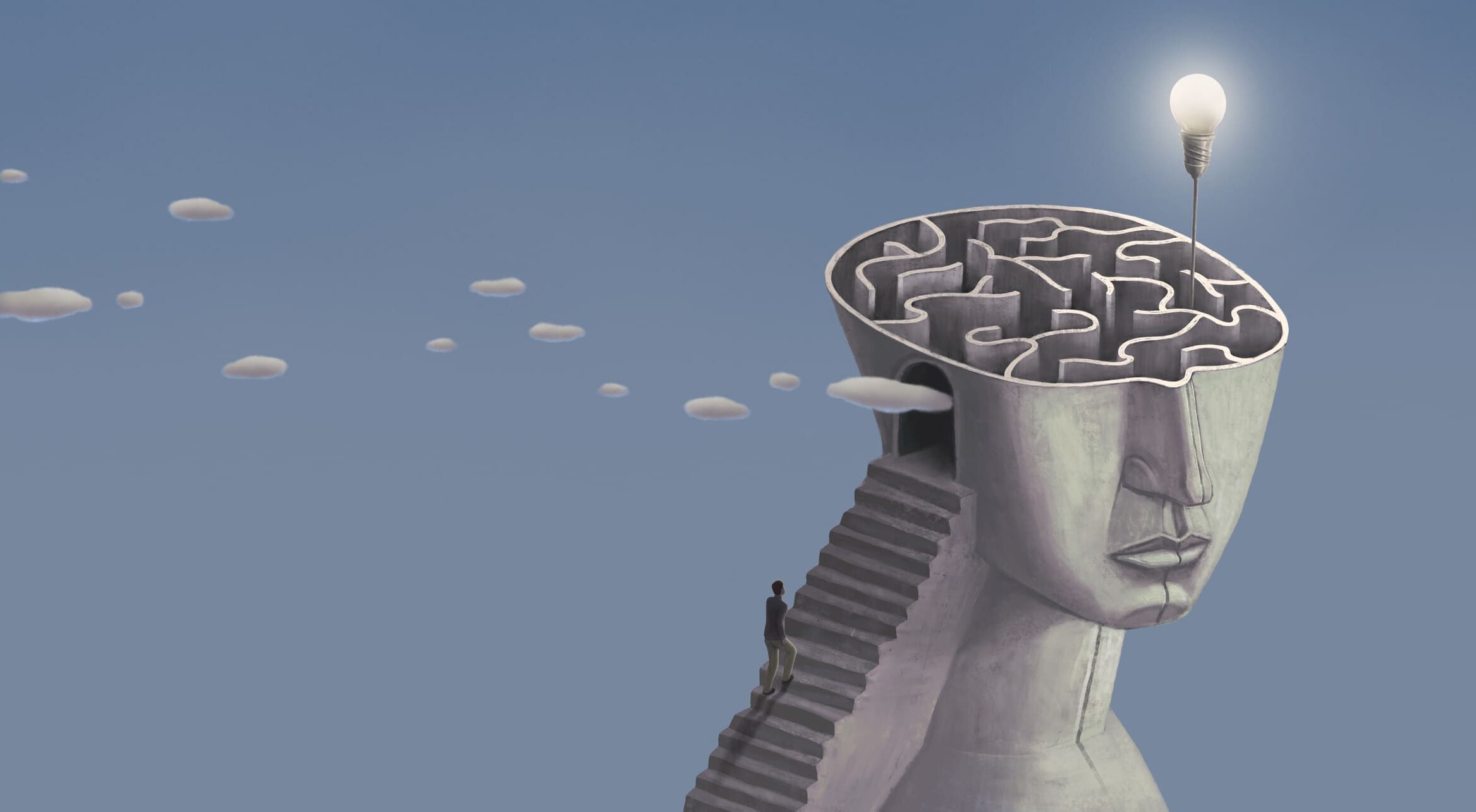 Concept idea of solution brain maze inspiration success thinking and creativity. surreal art. conceptual 3d illustration. Light bulb in labyrinth.