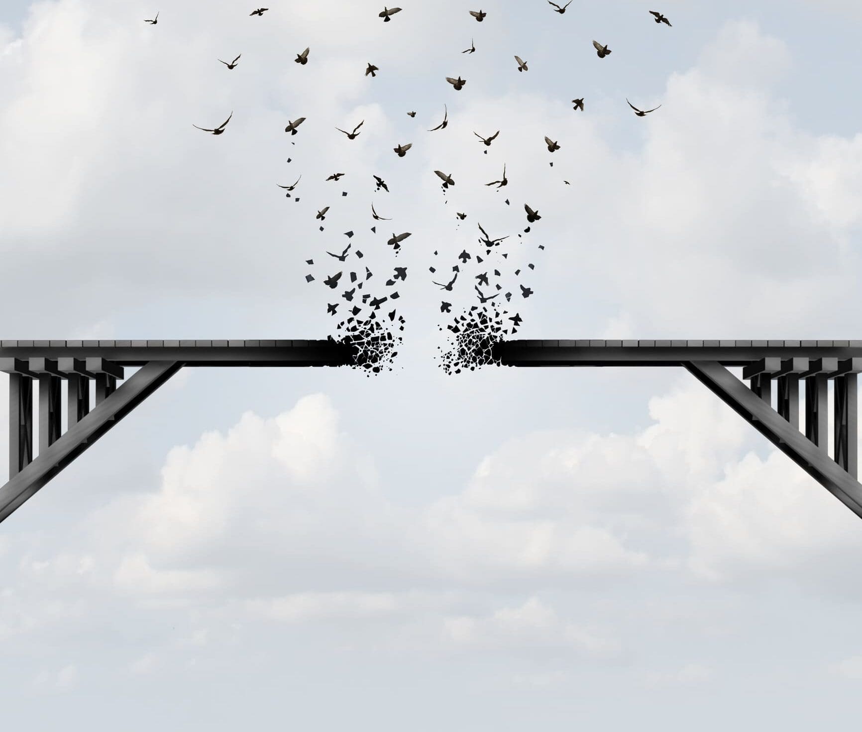 Fragile Unity Concept as a metaphor for disunity and disagreement as a broken bridge disintegrating as abusiness challenge symbol.