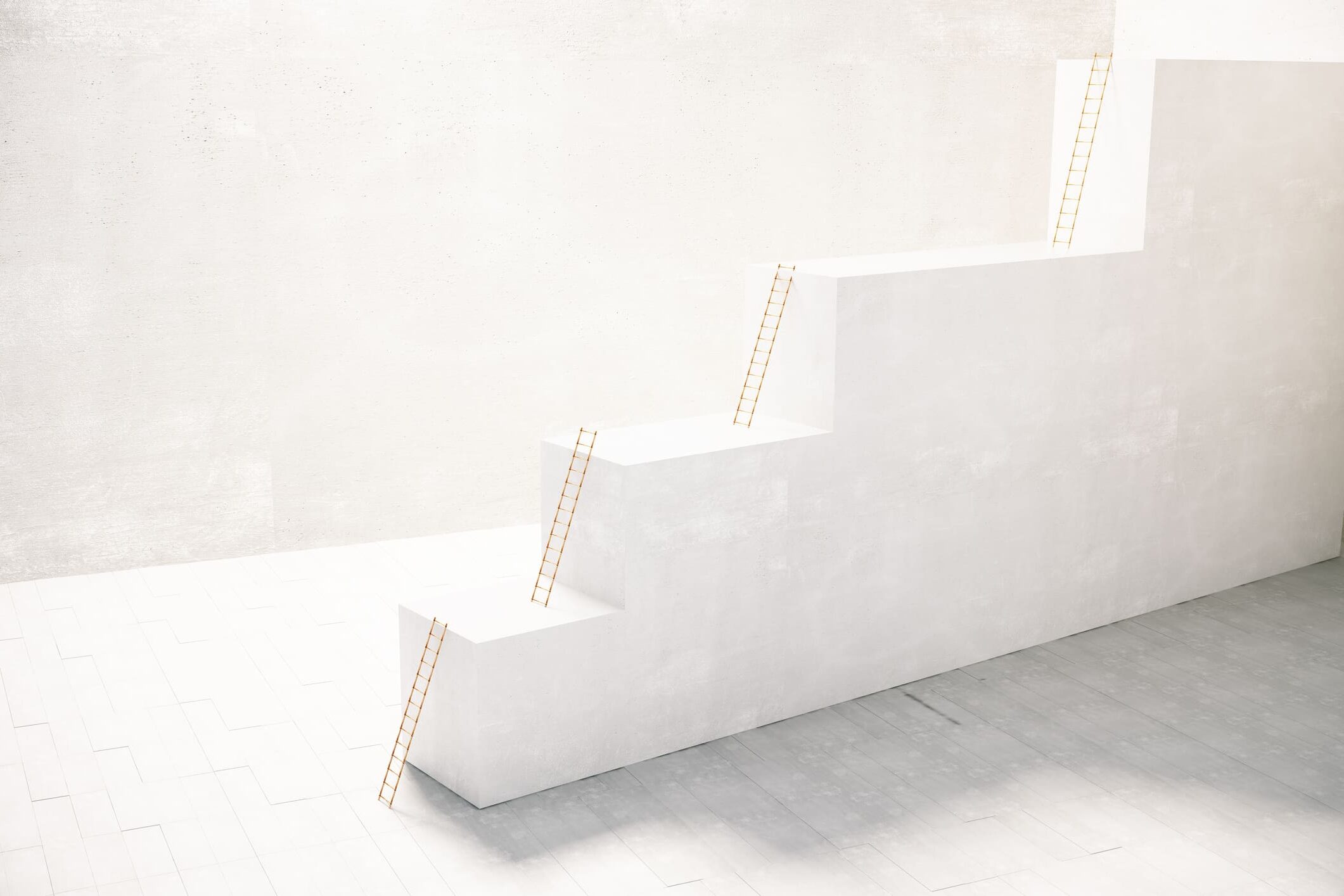 Stairway with ladders inside concrete interior. 3D Rendering