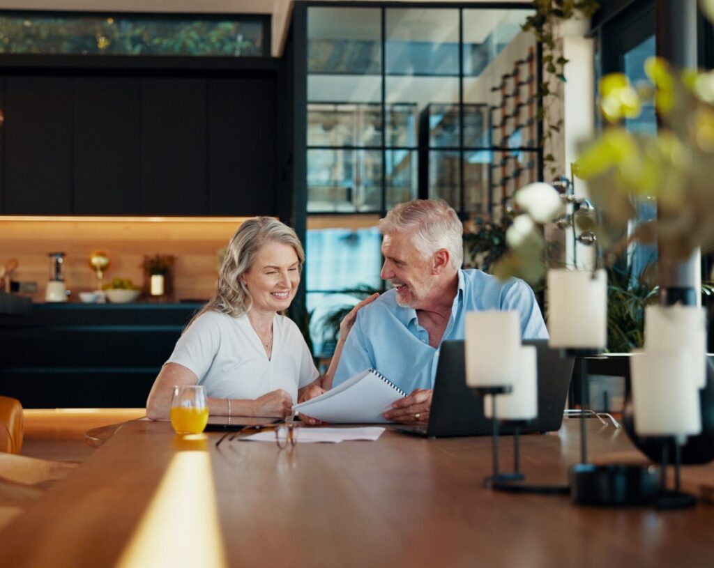 Planning, documents and laptop with old couple at home for social security benefits, annuity growth and retirement fund. Account balance, online banking and 401k withdrawal with people and profit